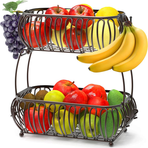 Simple Houseware 2-Tier Countertop Oblate Fruit Basket Holder, Bronze