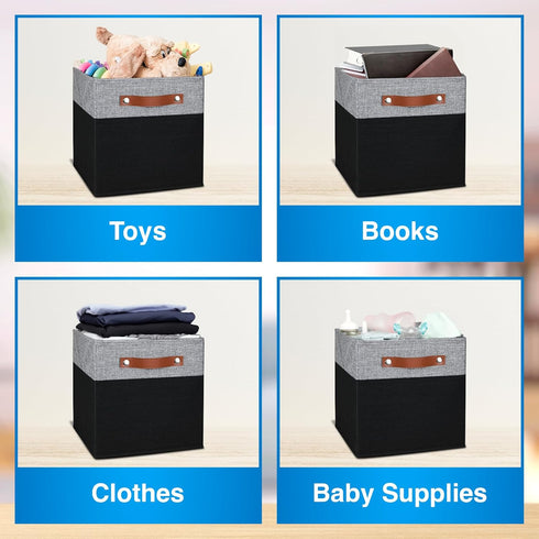 Pomatree 11 Inch Cube Storage Bin - 6 Pack, Linen Fabric Cubby Storage Bins for Bedroom, Living Room, Clothes & Toys
