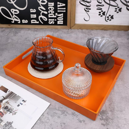 Counter, 11.8*15.7*1.6 Ornage Serving Tray for Coffee Table, Rectangular Plastic Decorative Tray with Handles