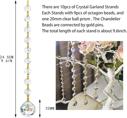 10pcs 20mm Crystal Garland Strands Hanging Glass Chandelier Beads Chains Glass Balls Prisms with Beads Pendants Crystal