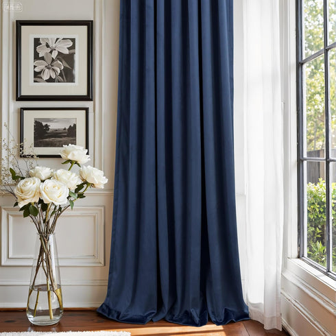 63 Inches 52x63 2 Set Navy Blue Velvet Curtains Long for Bedroom Nursery Room Darkening Thermal Insulating Window Satin