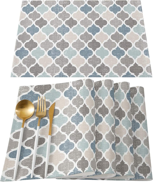 ALAGEO Retro Moroccan Plaid Placemats Set of 6 for Dining Table, Cotton Linen Geometric Quatrefoil Blue Beige Grey
