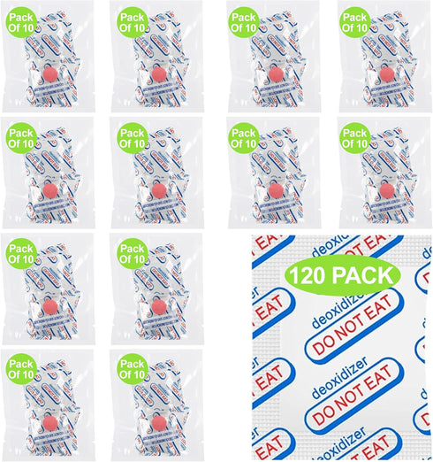300cc Oxygen Absorbers for Food Storage - 120 Packs (12 x Packs of 10), Food Grade with Oxygen Indicator, Mylar Bags,