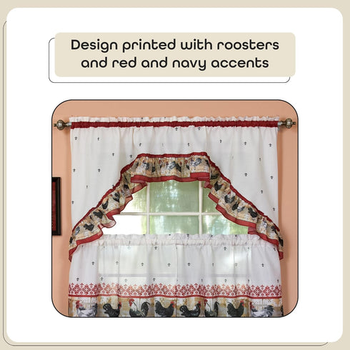 Printed Tier and Swag Window Curtain Set, 57 Inch Width, 36 Inch Length, Rooster, Machine Washable
