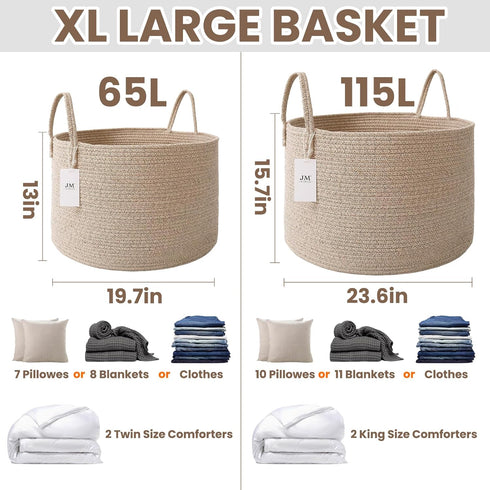 65L JMvicyroam Extra Large Blanket Basket for Living Room - Woven Cotton Rope Laundry Hamper with Reinforced Handles