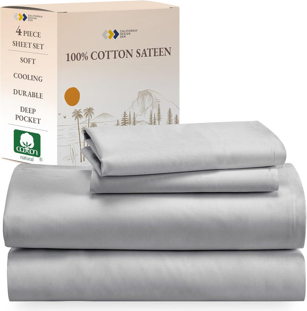 California Design Den 100% Cotton Queen Size Bed Sheets, Deep Pocket, Sateen Weave, Cooling Sheets (Light Grey)
