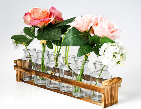 6 Beautiful Glass Flower Vase with Wooden Plant Stand & Bud Vases, Decorative Glass Bottles for Home Dcor, Dining Table