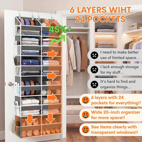 6 12 80 lbs Over the Door Organizer Tiers, Extra Large Behind Door Storage of Compartments, Weight Capacity Hanging
