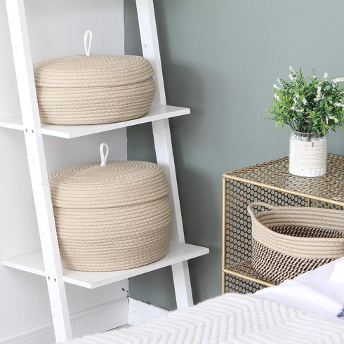 Sea Team Decorative Woven Cotton Rope Storage Basket with Lid, 13 x 9 Inches, Khaki Organizer for Snacks, Towels