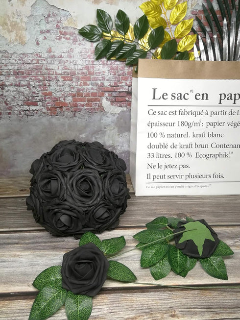 Artificial Flowers - 50PCS Real Looking Black Fake Roses with Stem for DIY Wedding Bouquets, Home Decorations