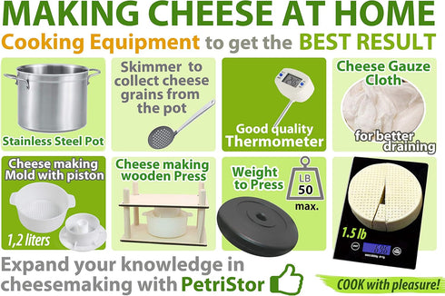 PetriStor Cheese Mold for Cheese Making, 1.3QT with Follower Piston and Cheesecloth
