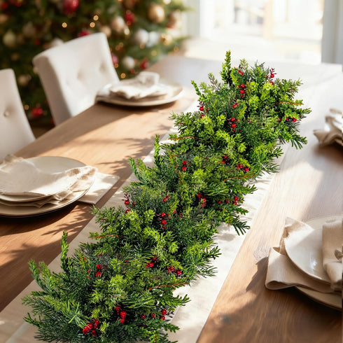 2PCS Bailikang Christmas Artificial Pine Needles Branches Table Decor with Red Berry Pine Cones Greenery Stems