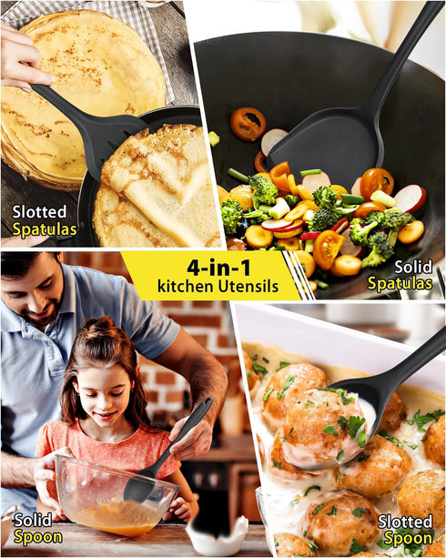 4 Pcs Silicone Kitchen Utensils Set, Nonstick BPA Free High Heat Resistant Wok Spatulas, Cooking Spoon, Slotted Turner