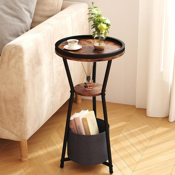 Yusong Round Side Table, Small Drink Table for Small Spaces, 3-Tier Industrial