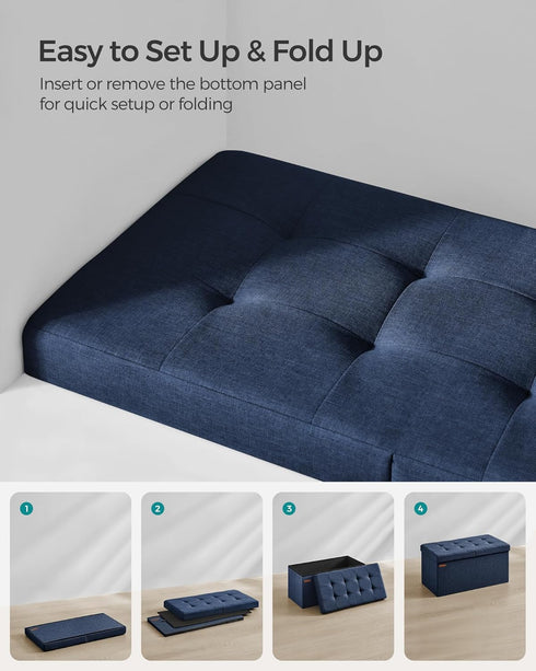 SONGMICS Foldable Storage Ottoman, 15 x 30 x 15 Inches, Midnight Blue, 660 lb Load Capacity