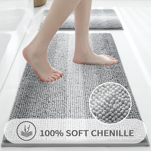 Gibelle Grey Bathroom Rug Set, 2 Piece Chenille Non Slip Bath Mat, Quick Dry Bathroom Decor Accessories