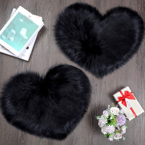 Mudder 2 Pieces Heart Shaped Rug, Faux Fluffy Carpet Door Mat for Bedroom, 12 x 16 Inch (Black)