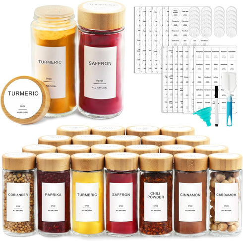 AISIPRIN Glass Spice Jars with 398 Labels-4oz 24 Pcs,Round Seasoning Jars with