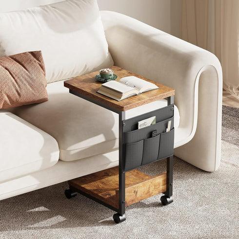 2-Tier YeTom Side Table,C Table with Storage Shelf, End Table with a Storage Bag, Sofa Table with Wheels for Living