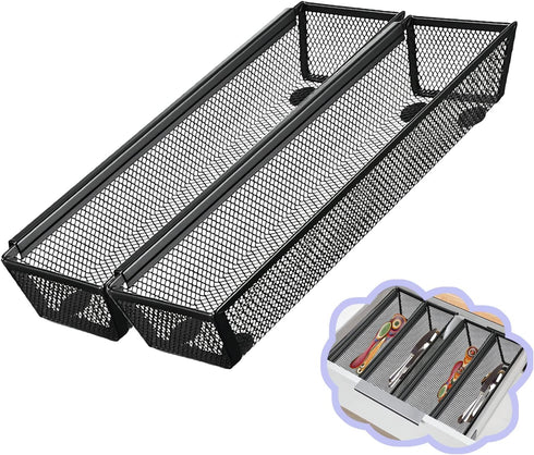 2PCS Drawer Organizer for Kitchen, Utensil Mesh Drawer Organizer with Interlocking Arm for Flatware, Black