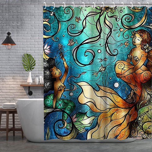 LIVILAN Mermaid Shower Curtain Set - Jellyfish Fabric Bathroom Curtains with Hooks, Washable 72x72 Inches