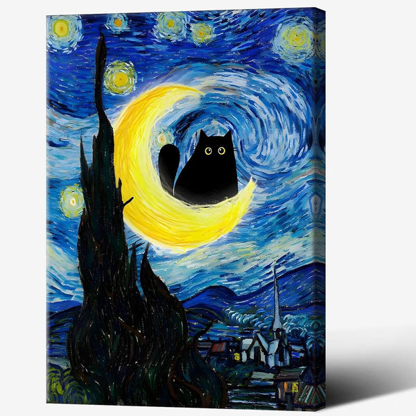 TYOHU Black Cat Canvas Wall Art, Starry Night Oil Painting, 12x16in Framed Colorful Abstract Floral Prints for Gallery