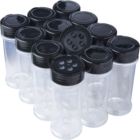 12 Pack of 6 Oz. Empty Clear Plastic Spice Bottles with Black Top Lids for Storing Salt, Sweeteners, and Spices