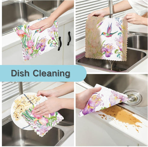 6 Pack, Hummingbird 11"x11" Kitchen Dish Towels Bird Flower Dish Cloths for Drying Dishes Absorbent Cleaning Cloths