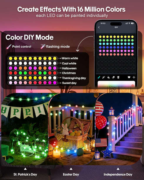 33Ft, 16M Super RGB Smart Star Fairy Lights Color Changing String Lights with Remote & APP Control, Music Sync, Timer