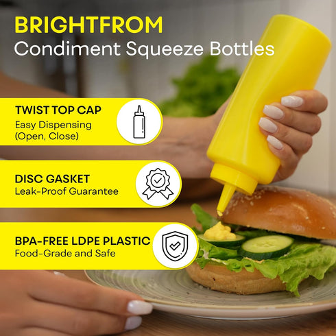 12 OZ 2 PACK BRIGHTFROM Condiment Squeeze Bottles, RED/YELLOW Empty Squirt Bottle with Wide Neck - Great for Ketchup