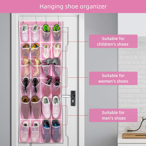 Hanging Shoe Organizer - Over The Door Shoe Storage Rack with 24 Breathable Mesh Pockets for Men, Women, Kids (Pink)