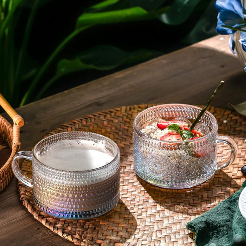Gezzeny 14 Oz Set 2 Vintage Glass Coffee Mugs of Iridescent Embossed, Tea Cups,Glass Coffee Cups for Cappuccino