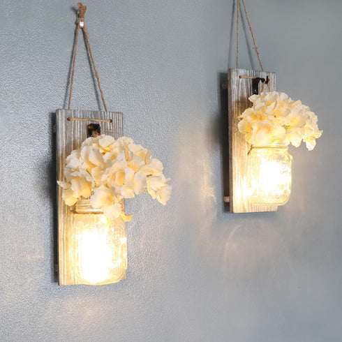 Besuerte Rustic Wooden Wall Hanging Decor with LED String Lights - Set of 2 Grey