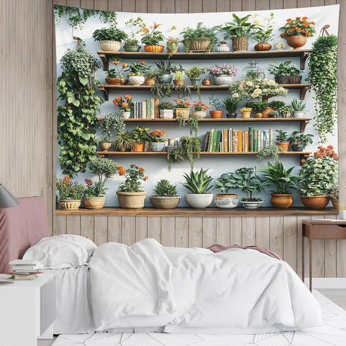 EOBTAIN Green Plant Wall Tapestry Cactus and Floral Potting on Bookshelf Tapestries