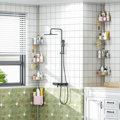 4 Holder,63.7-119 Inch Urackify Corner Shower Caddy Tension Pole, Tier Adjustable Bathroom Organizer Shelves, Shower