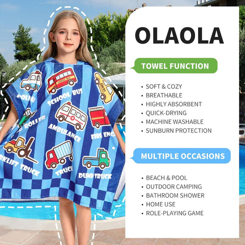 3-12 OLAOLA Printed Car Hooded Kids Beach Towels for Years Boys Girls, Soft Absorbent Kids Hooded Bath Towel Wrap