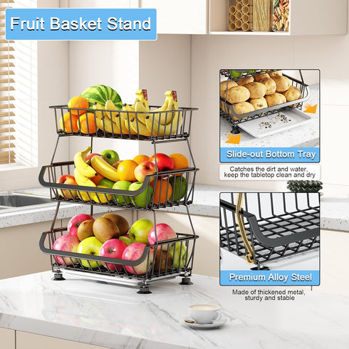 Mchoter 3-Tier Potatoes,1 Pack Rolling Pantry Floor Organizer, Stackable Pantry Storage Cart with Wheels, Metal Wire