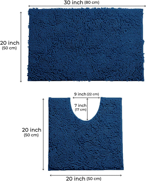 Bathroom Rugs Sets 2 Piece, Luxury Chenille Bath Mat Set, Soft Plush Anti-Slip Rug + U-Shaped Toilet Mat, Blue