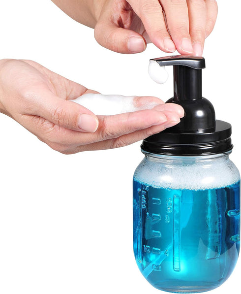 Amolliar Mason Jar Foaming Soap Dispenser, Plastic Pump with Rustproof Stainless Steel Lid, Black (2 Pack)