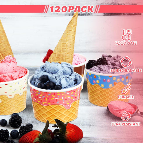120 9oz Zopeal Pcs Ice Cream Bowls Bulk Dessert Ice Cream Cups Paper Treats Sundae Cups Disposable Birthday Party