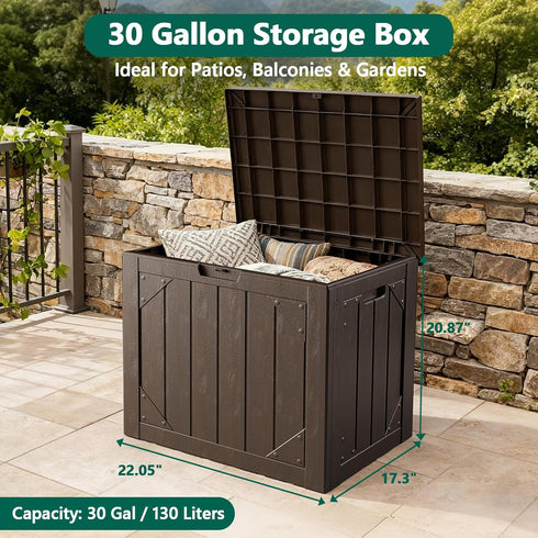 30 Gallon Outdoor Storage Box, Waterproof Resin Deck Box Organizer for Patio Cushion Storage, Lockable Outside