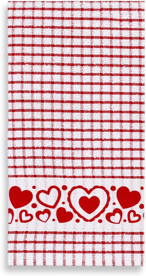 Set 4 Cackleberry Home Bubbly Hearts Windowpane Check Cotton Terrycloth Kitchen Towels