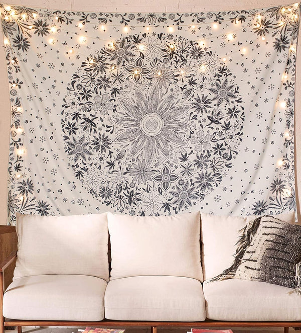 Neasow Bohemian Tapestry Wall Hanging, Beige White Floral Tapestry, 60×80 inches, Boho Hippie Home Decor