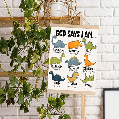 DNEULYR 12x16 Inch Dinosaur Wall Decor, God Says I am Nursery Wall Art With Wooden Poster Hanger, Dinosaur Room Decor
