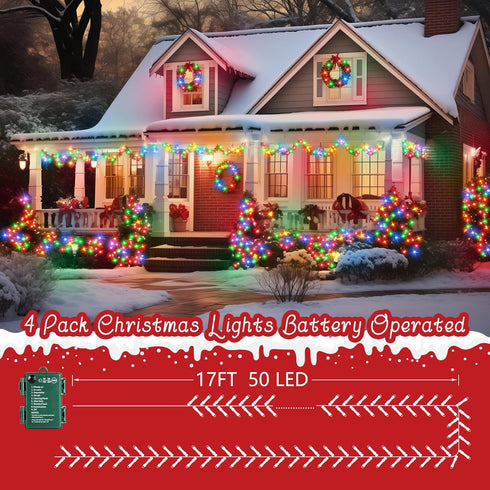 4 Pack 66FT 200 Timer,8 Brightown Christmas Lights Outdoor Battery Operated, Total LED Battery Powered Fairy Lights