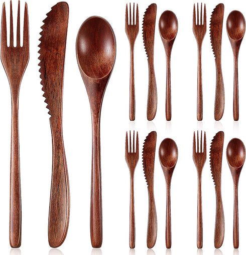 Geiserailie 12 Pcs Wooden Utensils Set - Wooden Spoon, Fork, Knife Cutlery for Kitchen Dinner Tableware (Phoebe Wood)