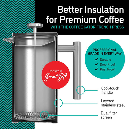Coffee Gator French Press Coffee Maker, Thermal Insulated Brewer with Travel Jar, 34oz, Double Wall Stainless Steel