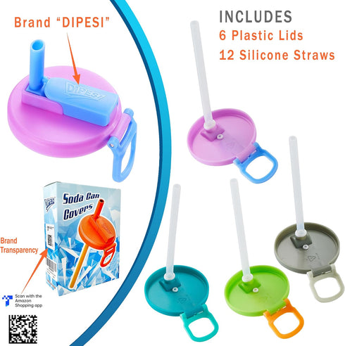 6 pack 6 ORIGINAL CREATOR - DIPESI color Soda Can Lids with Straws, Reusable Silicone Straws Soda Can Covers