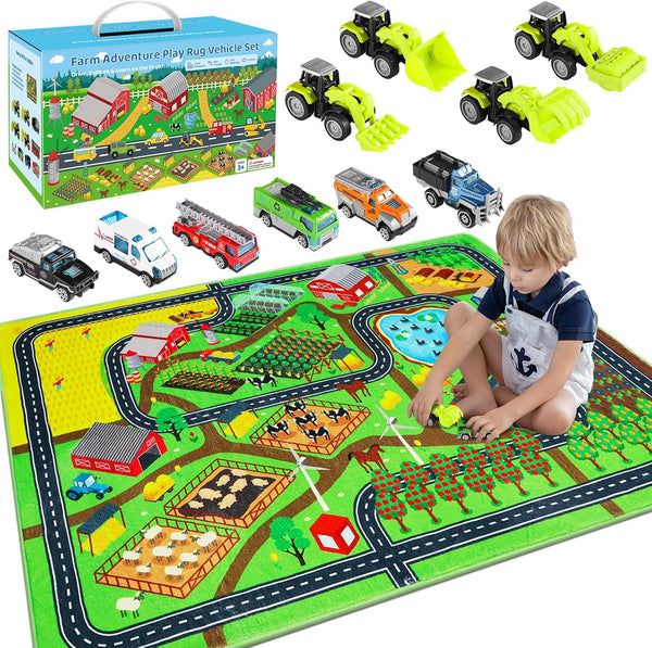 Mfmiudole Farm Play Rugs Gift Set - 10 Vehicles (4 Construction Trucks +