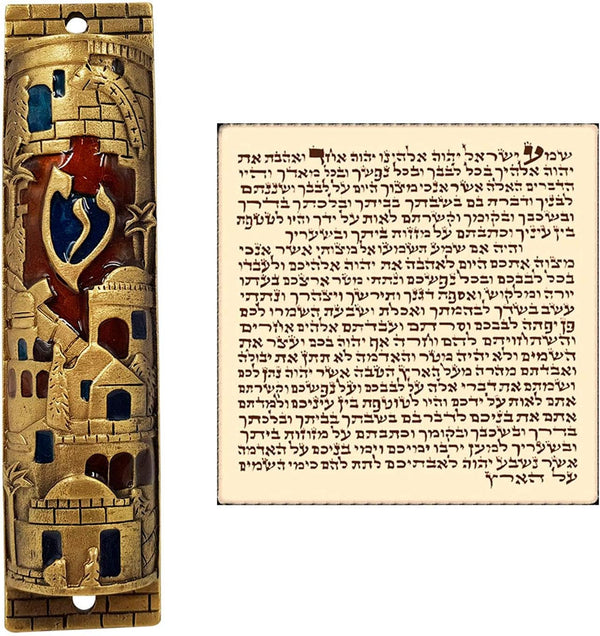 TALISMAN4U Gold Enamel Jewish MEZUZAH CASE with Scroll, Jerusalem Israel Judaica Door Mezuza 4"